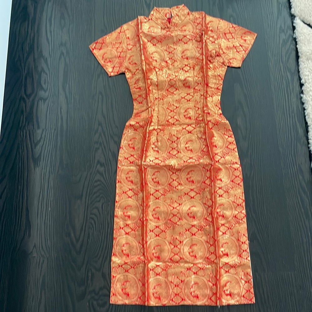Gold medallion dragon brocade vintage Chinese dress -NWOT